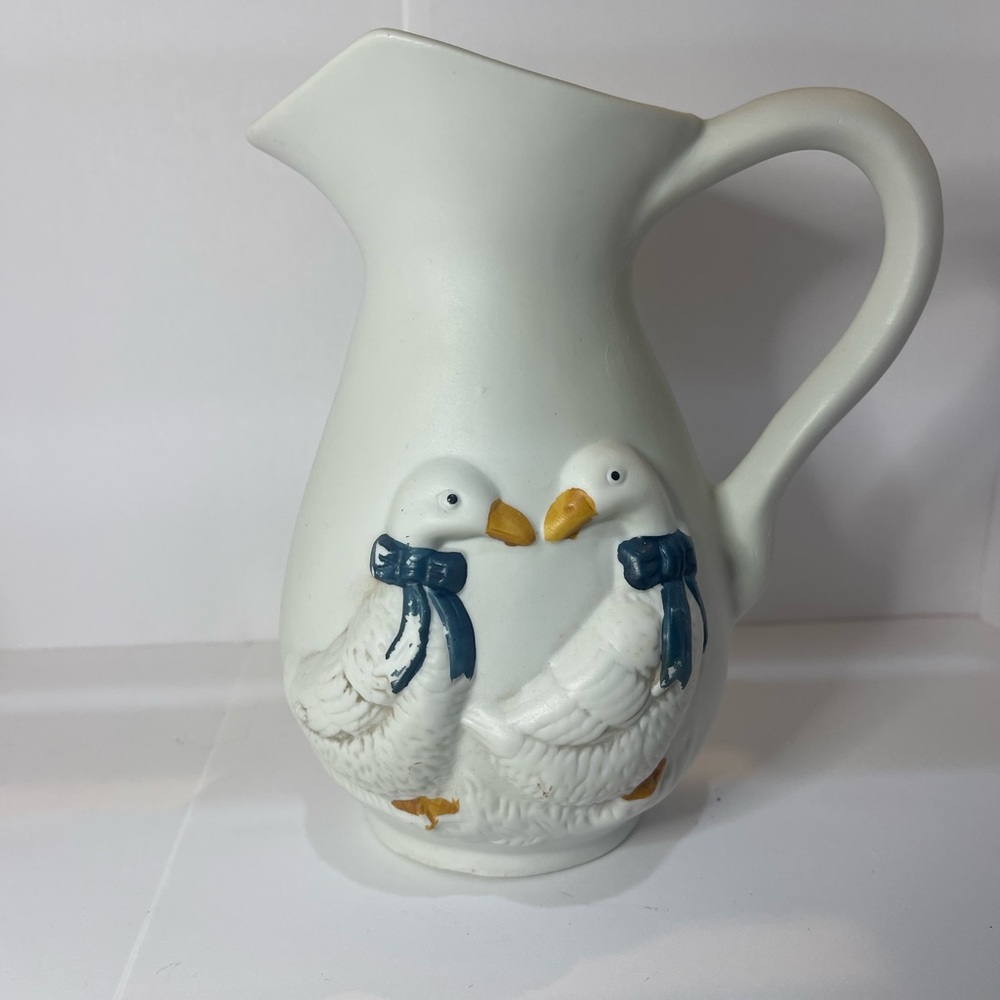 Charming White Ceramic Pitcher with Goose Design - 1987 retro vintage